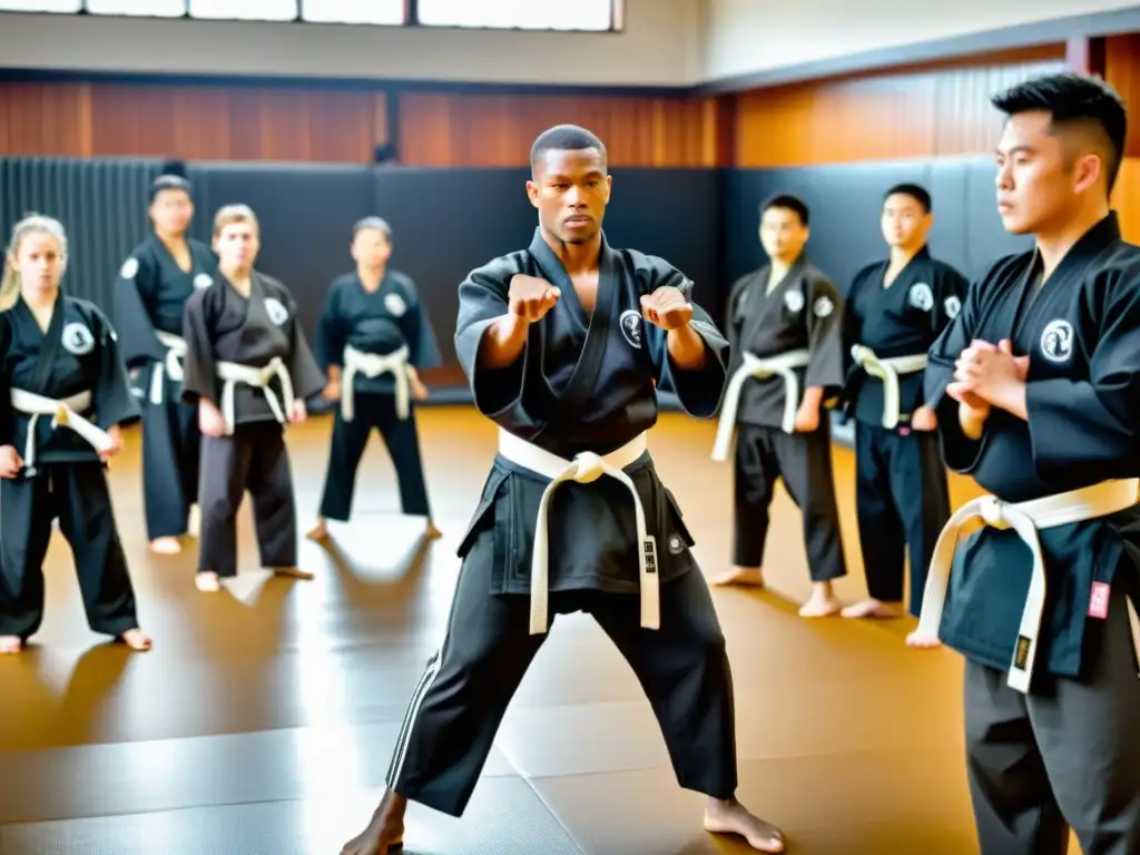 Un maestro de artes marciales en un dojo tradicional, rodeado de estudiantes en práctica