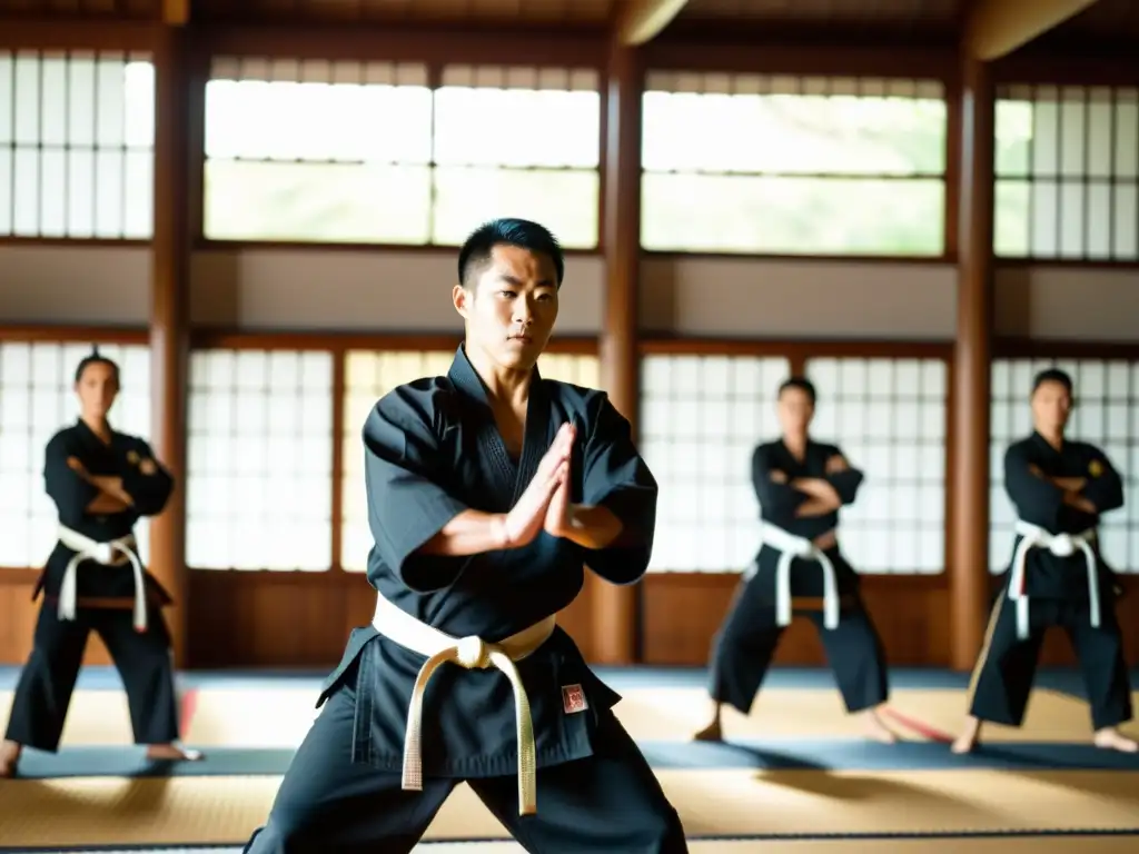 Un maestro de artes marciales en un dojo tradicional, demostrando movimientos precisos mientras los estudiantes observan atentamente