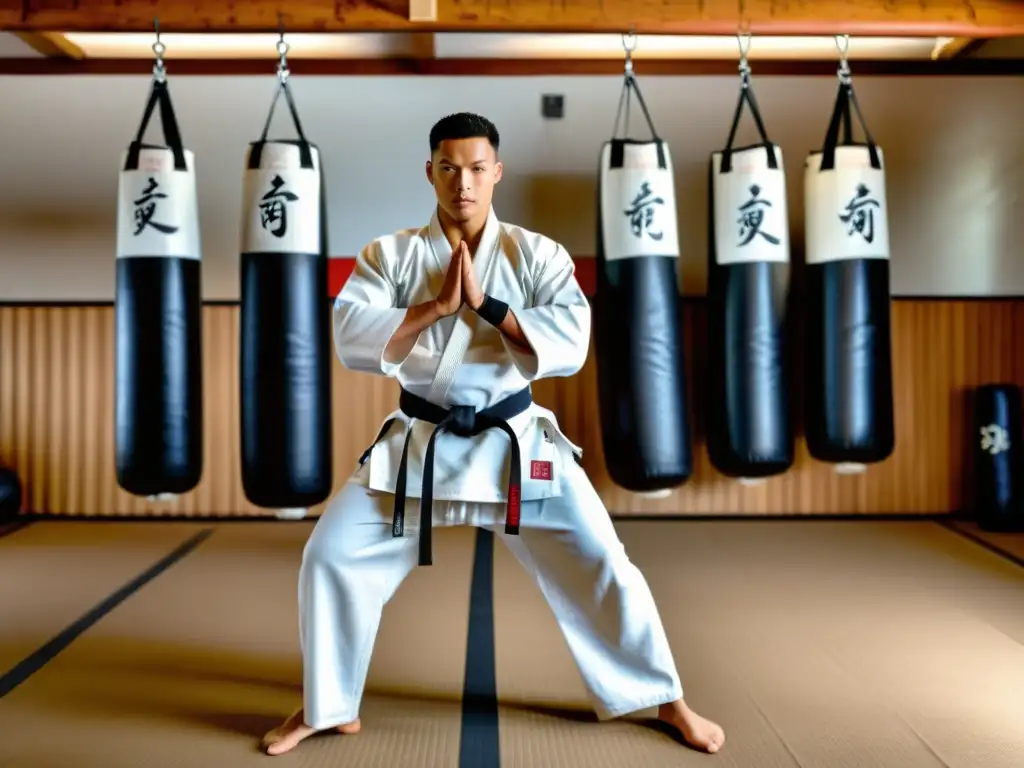 Un maestro de artes marciales en un dojo tradicional, rodeado de estudiantes practicando y sacos de boxeo