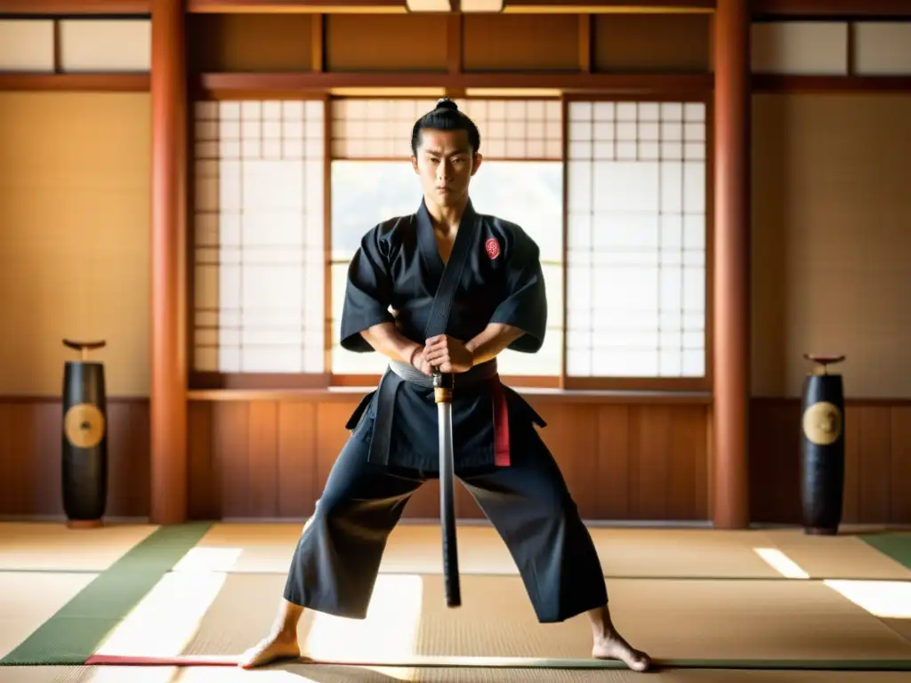 Un maestro de artes marciales en un dojo iluminado por el sol, rodeado de muñecos de entrenamiento y armas antiguas