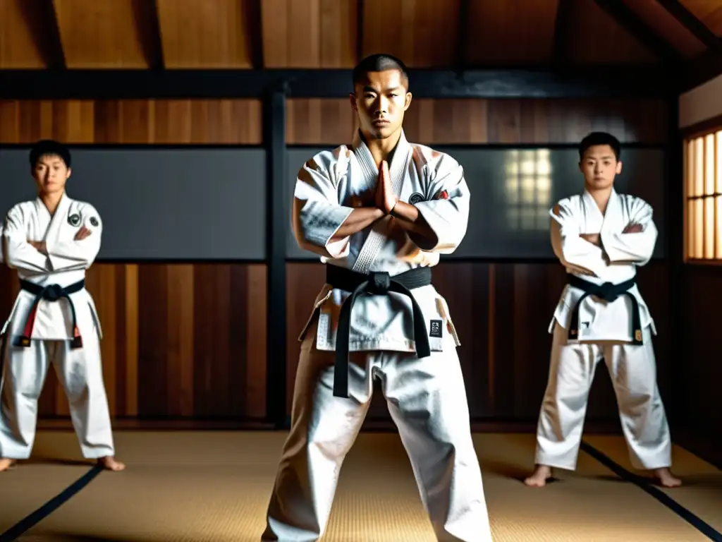 Un maestro de artes marciales se destaca en un dojo tradicional, rodeado de estudiantes comprometidos en su entrenamiento