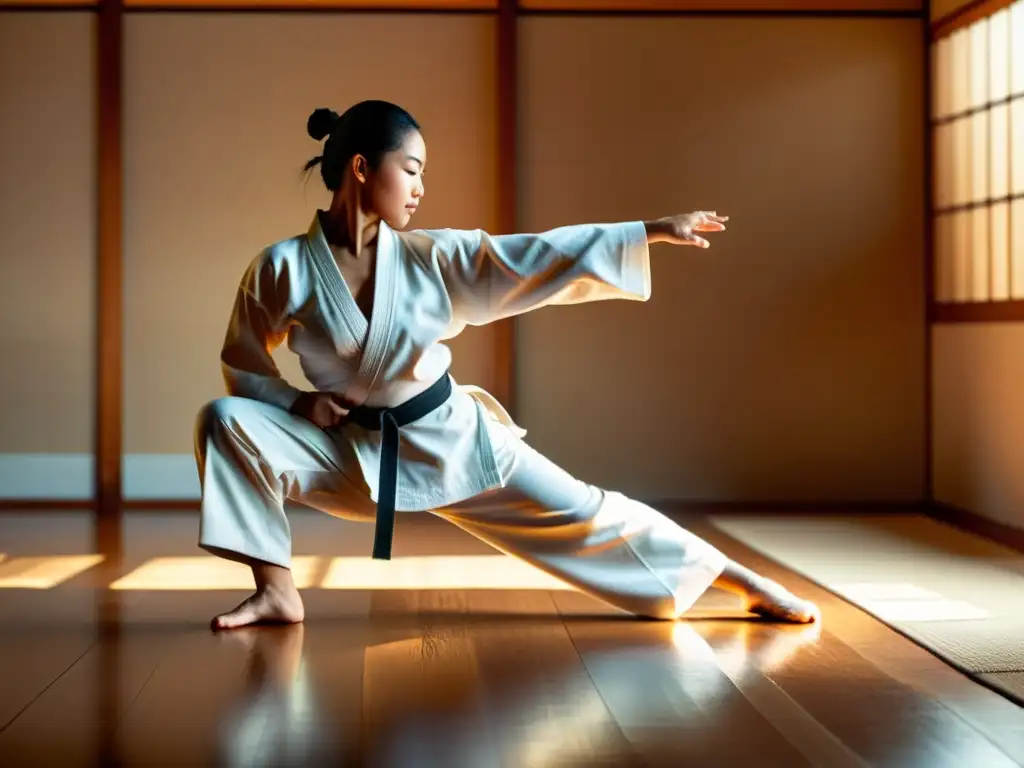 Maestro de artes marciales en un dojo sereno, demostrando flexibilidad y agilidad