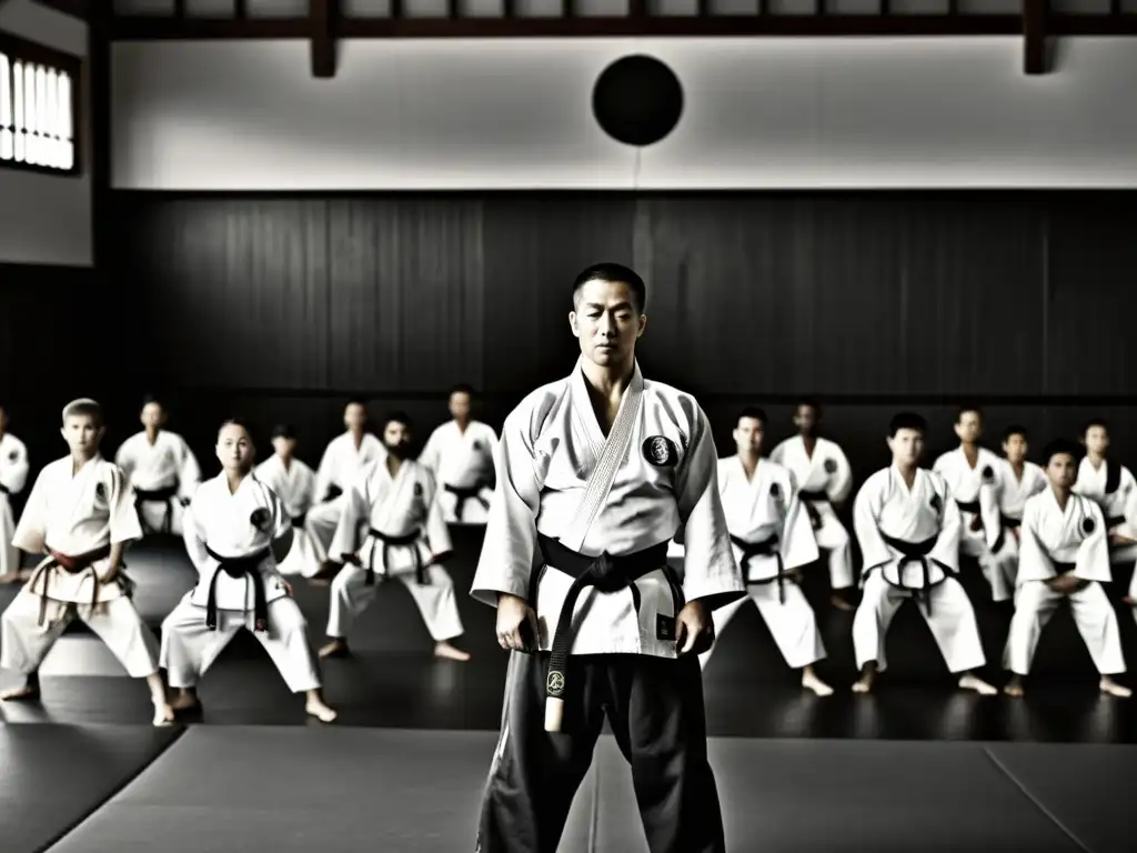 Un maestro de artes marciales en un dojo tradicional, en una profunda reverencia, rodeado de estudiantes concentrados