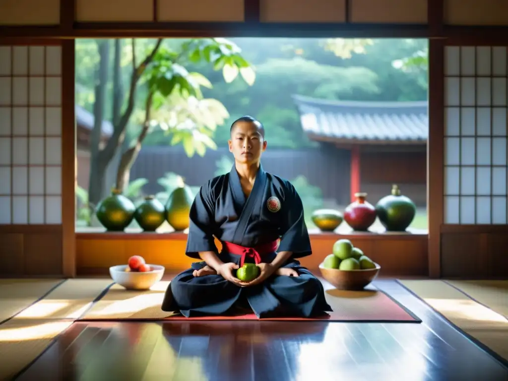 Maestro de artes marciales meditando en dojo iluminado, rodeado de frutas y nueces