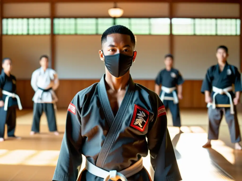 Un maestro de artes marciales en un dojo iluminado por el sol, demostrando técnicas a sus estudiantes