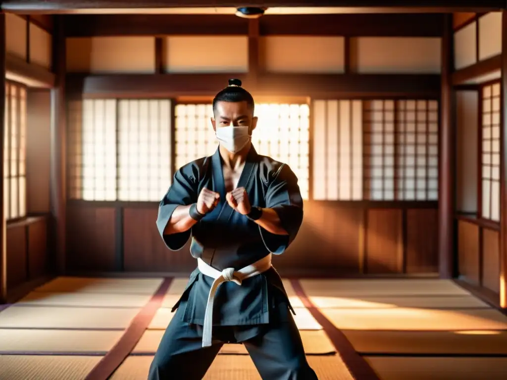 Maestro de artes marciales en dojo tradicional, entrenamiento mental y determinación