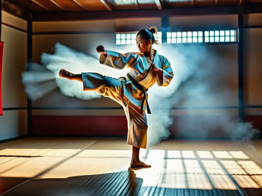 Maestro de artes marciales en dojo tradicional, ejecutando patada, reflejando impacto de los carbohidratos en el rendimiento