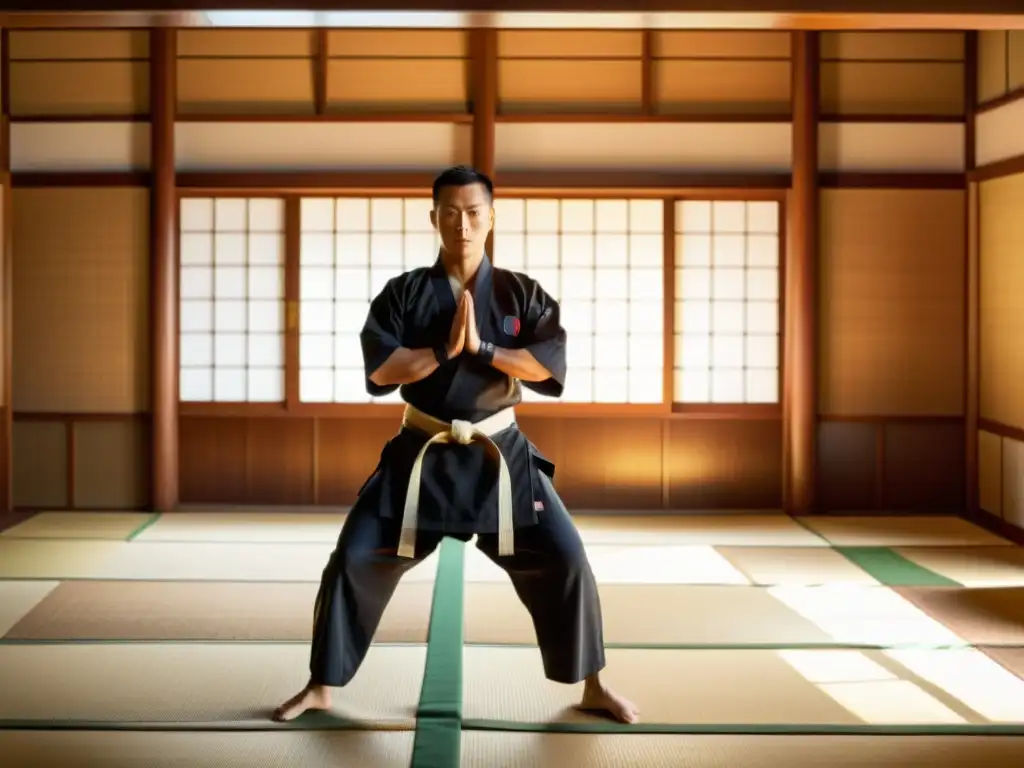 Un maestro de artes marciales se para en un dojo tradicional, rodeado de maniquíes de entrenamiento de madera y armas antiguas