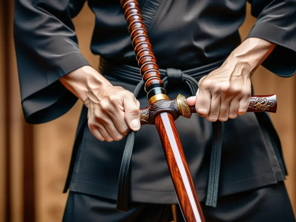 Un maestro de artes marciales sostiene con determinación un elegante bo staff, destacando la maestría y la tradición en un entorno de dojo