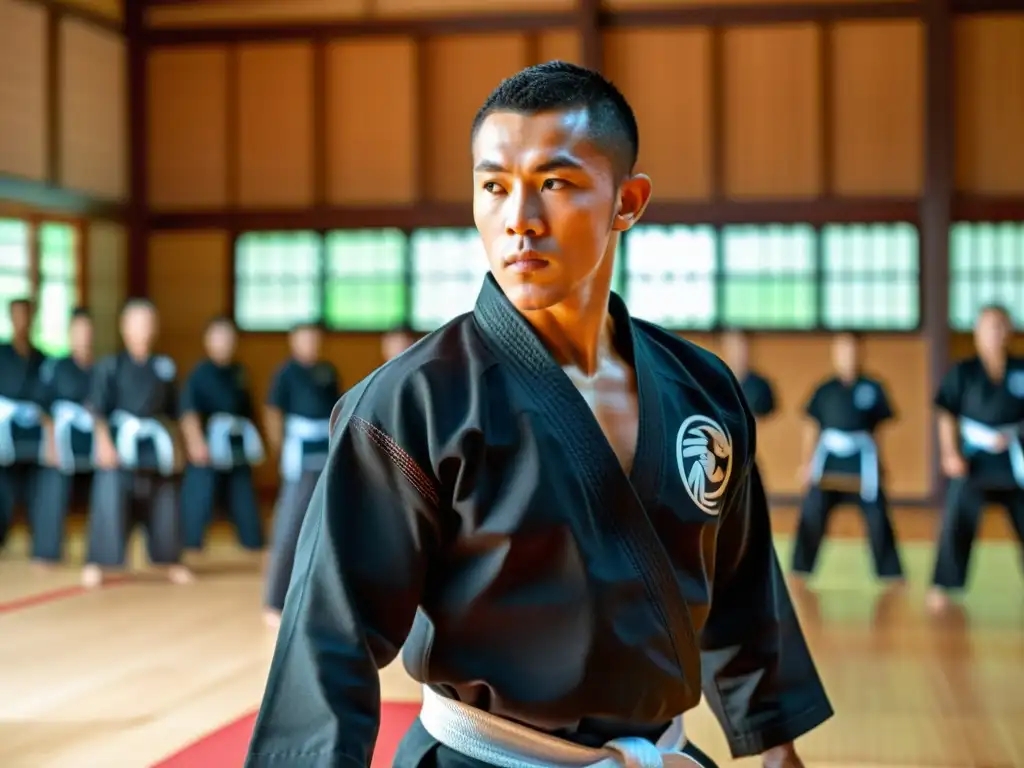 Un maestro de artes marciales enfocado en un dojo tradicional, impartiendo una potente patada circular