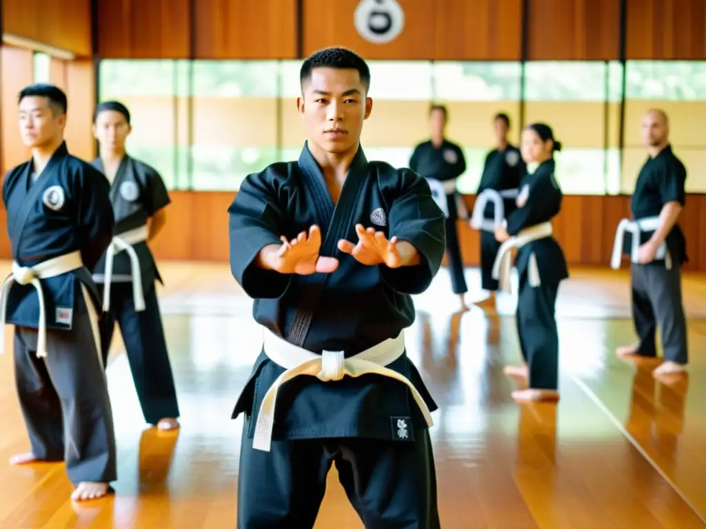 Un maestro de artes marciales enseña movimientos precisos a sus alumnos en un dojo iluminado