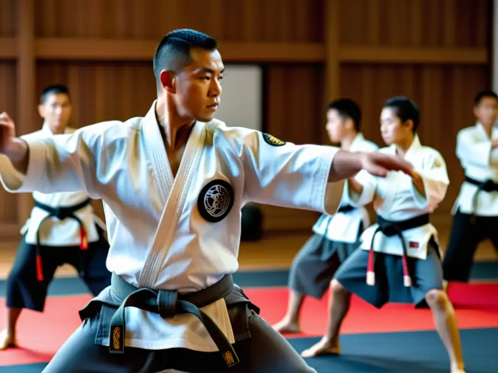 Maestro de artes marciales enseñando técnica en dojo tradicional Un maestro de artes marciales enseña una técnica compleja en un dojo tradicional, destacando la disciplina y el compromiso