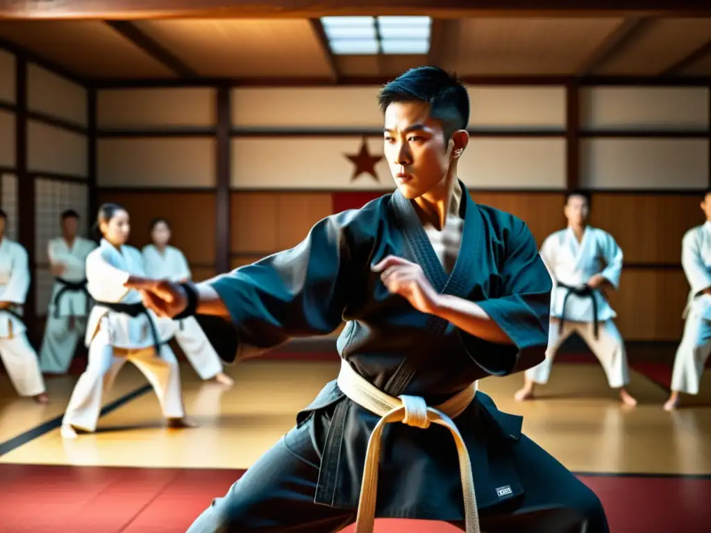 Maestro de artes marciales enseña técnica avanzada en dojo tradicional Maestro de artes marciales enseña técnica a estudiantes en dojo tradicional