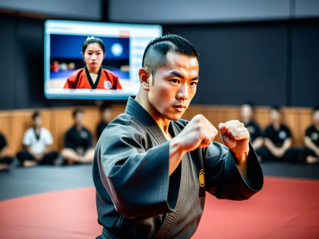 Un maestro de artes marciales enseña con intensa determinación en un seminario online, con estudiantes atentos