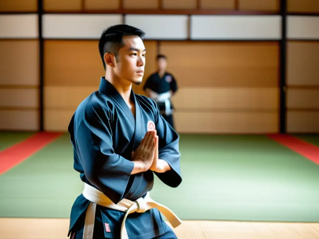 Un maestro de artes marciales enseña postura a sus alumnos en un dojo sereno, fomentando la prevención de lesiones con precisión y disciplina