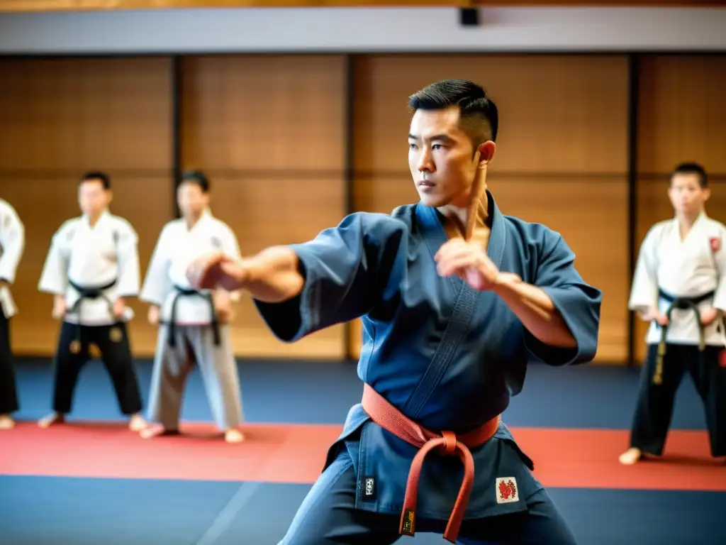 Un maestro de artes marciales enseña la importancia de la ergonomía a sus estudiantes en un dojo tradicional japonés