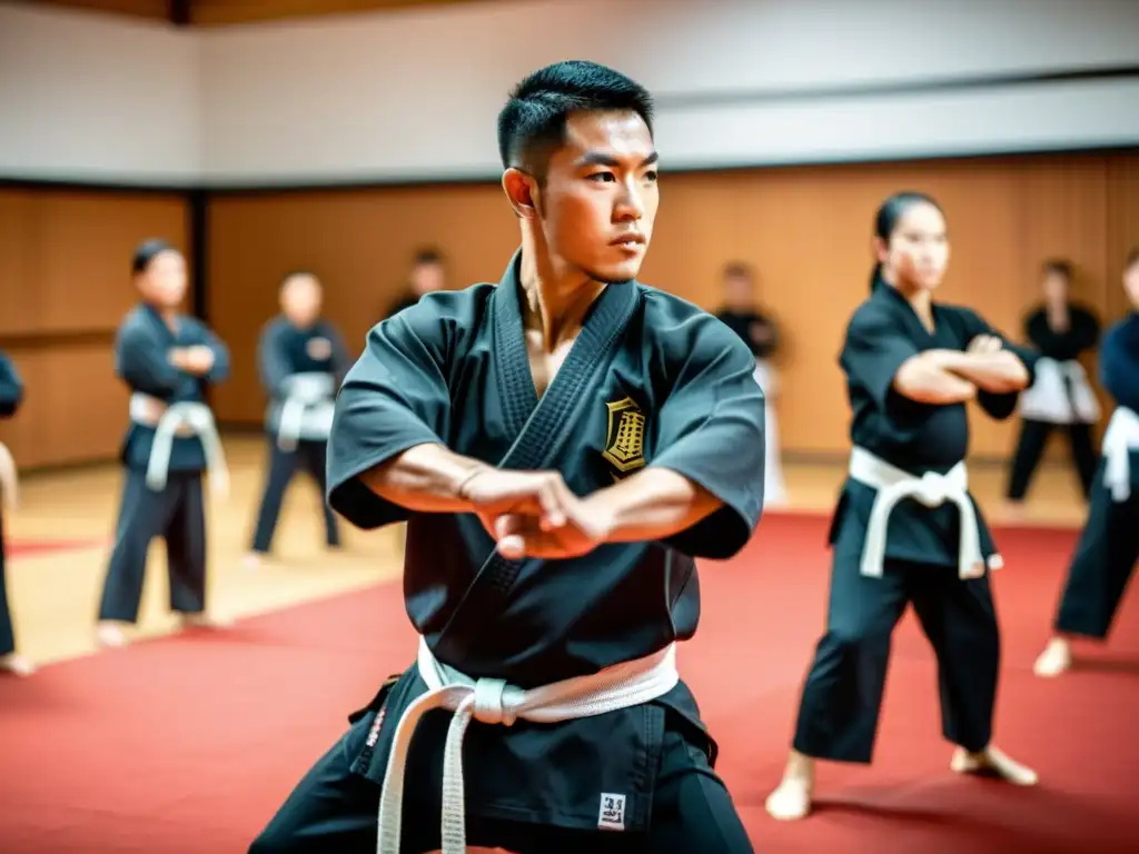 Maestro de artes marciales enseña técnicas de calentamiento a alumnos enfocados en un dojo tradicional