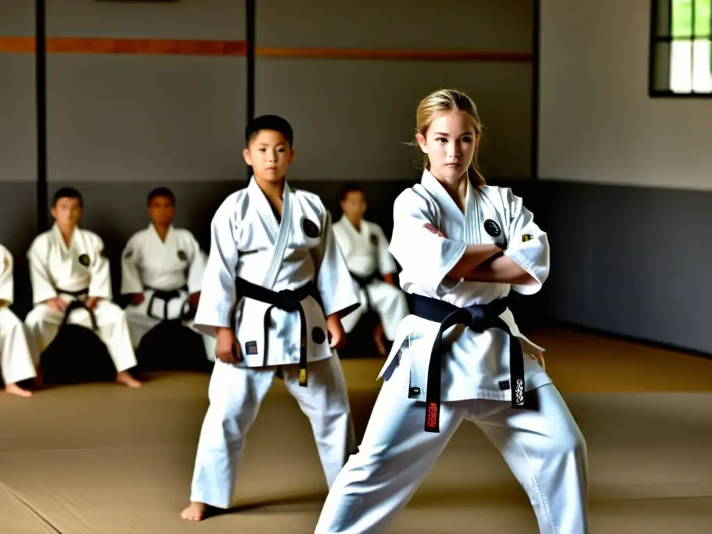 El maestro de artes marciales enseña técnicas a sus alumnos en un dojo