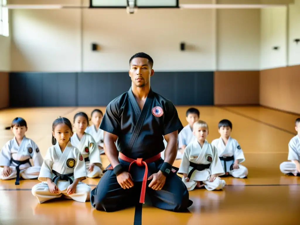 Maestro de artes marciales enseña técnica a niños con prevención de lesiones