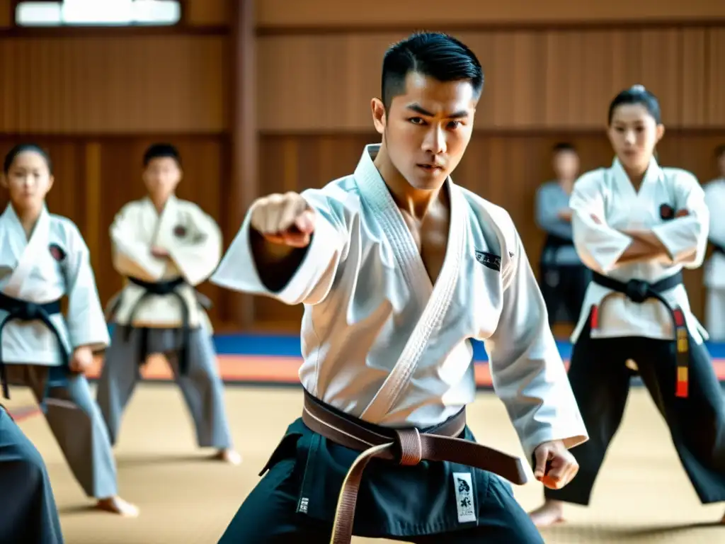 Maestro de artes marciales enseña técnicas de cinturón negro en un dojo tradicional, mientras estudiantes enfocados observan con determinación