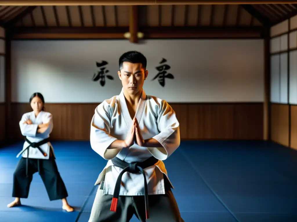 Maestro de artes marciales lidera entrenamiento total cuerpo en dojo tradicional con estudiantes dedicados