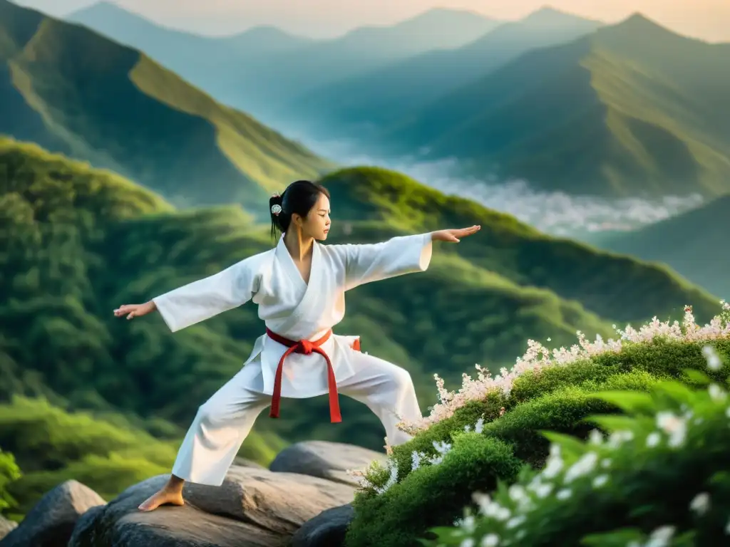 Un maestro de artes marciales en equilibrio agresión serenidad, con un katana y una flor de cerezo en la mano, en la cima de una montaña al amanecer