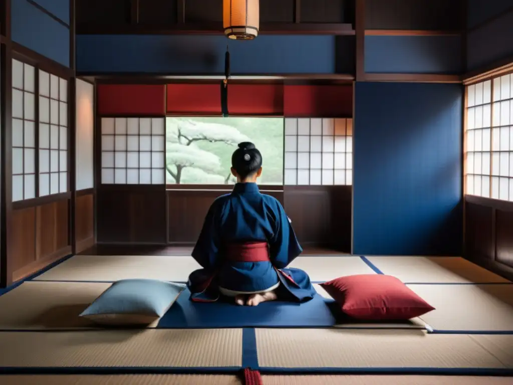 Un maestro de artes marciales medita en un espacio sereno con los mejores asientos de meditación marcial en tonos índigo y rojo profundo