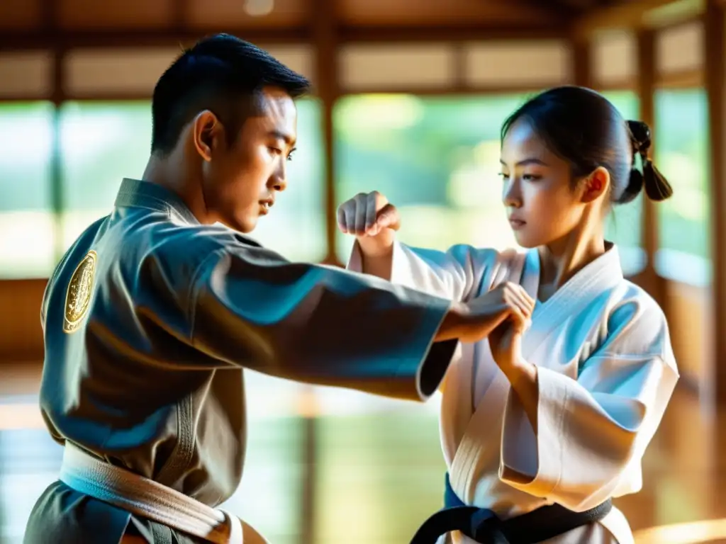 Un maestro de artes marciales guía a su estudiante en movimientos precisos, reflejando concentración en la suave luz del dojo