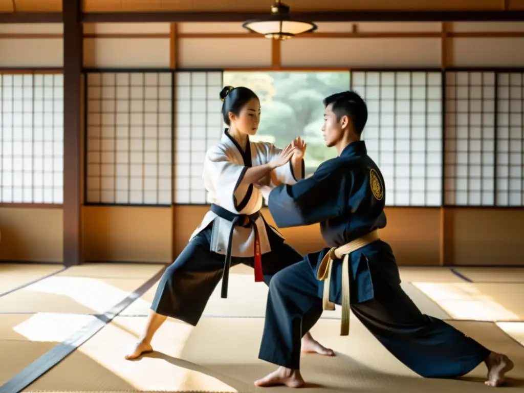 Un maestro de artes marciales guía a su estudiante en un dojo sereno y soleado, transmitiendo disciplina y dedicación