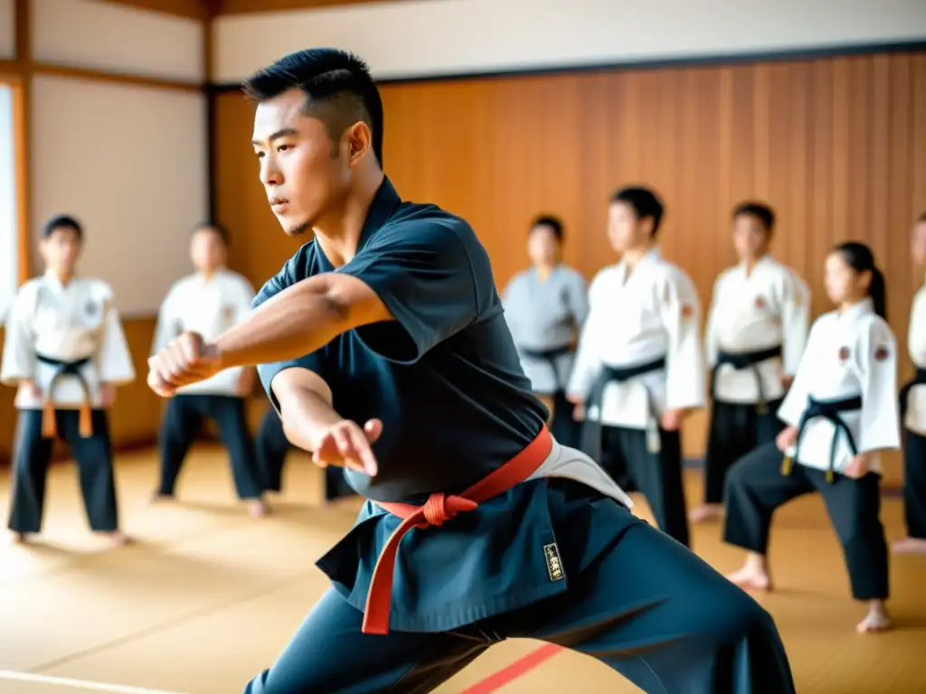 Maestro de artes marciales guía a estudiantes con disciplina en estiramientos y calentamiento en un dojo tradicional