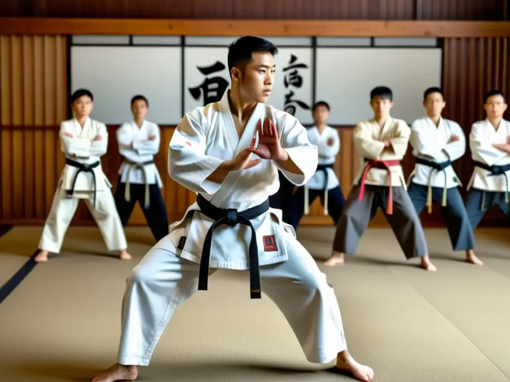 Maestro de artes marciales lidera a estudiantes en un dojo tradicional, creando una atmósfera de concentración y disciplina