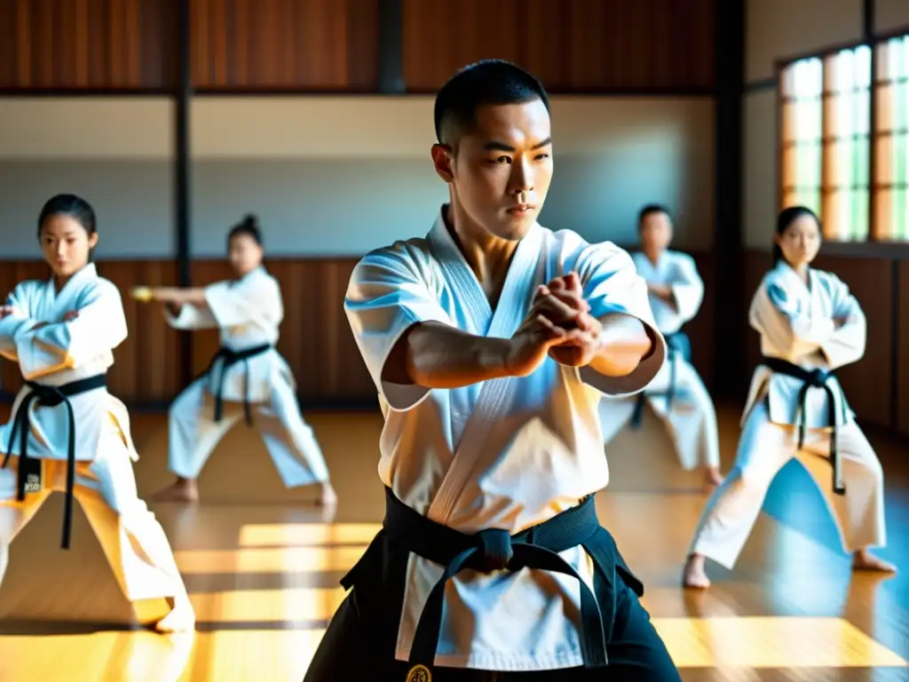 Un maestro de artes marciales dirige a sus estudiantes en movimientos precisos y dinámicos en un dojo soleado, transmitiendo dedicación y maestría