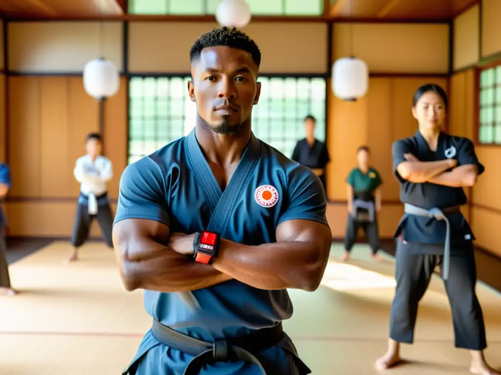 Un maestro de artes marciales guía a sus estudiantes en un dojo tradicional, con wearables en entrenamiento artes marciales