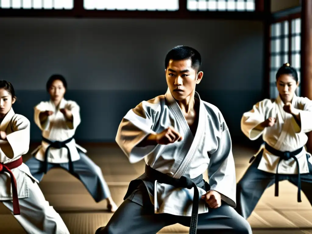 Un maestro de artes marciales guía a sus estudiantes en una intensa disciplina en su dojo, destacando el impacto cultural de las artes marciales