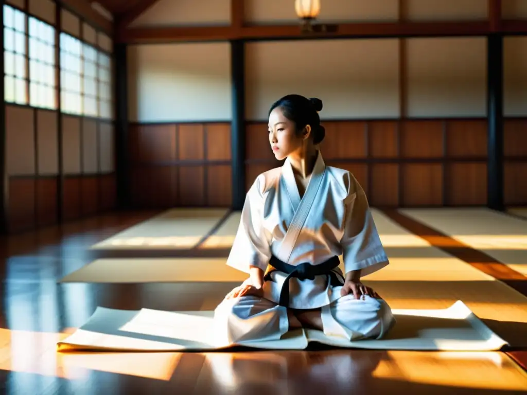 Un maestro de artes marciales y sus estudiantes practican en un dojo tradicional con luz solar filtrándose a través de las ventanas de papel