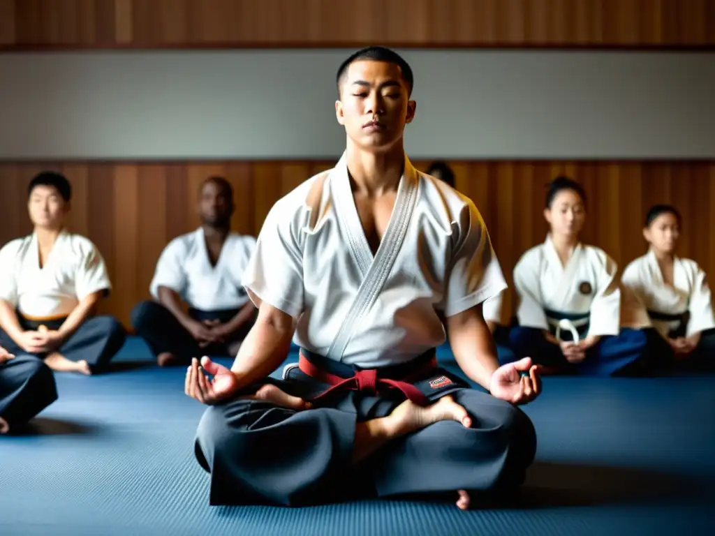 Maestro de artes marciales guía en meditación a estudiantes, estrategias para mantener calma en el dojo