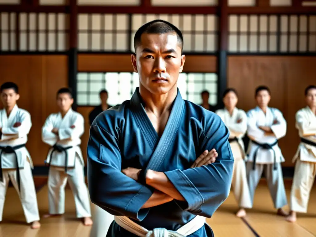 Maestro de artes marciales y estudiantes en dojo tradicional Un maestro de artes marciales lidera a sus estudiantes en una práctica intensa, enfocados en la mentalidad ganadora en artes marciales