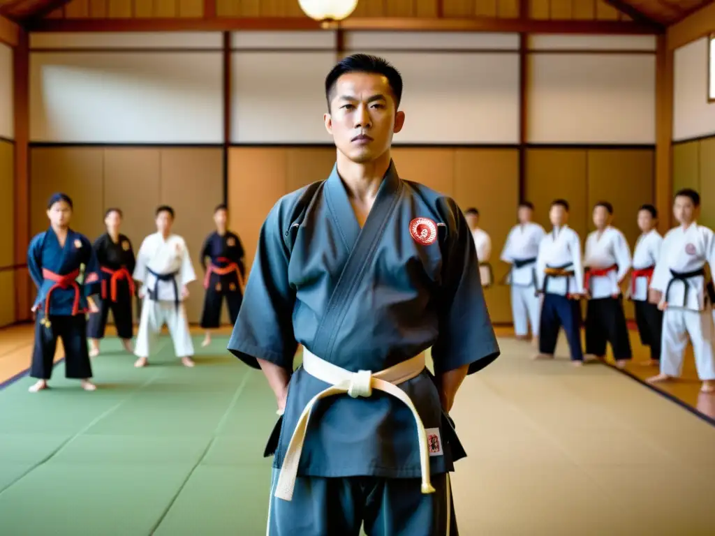 Un maestro de artes marciales y sus estudiantes practican en un dojo, transmitiendo disciplina y respeto