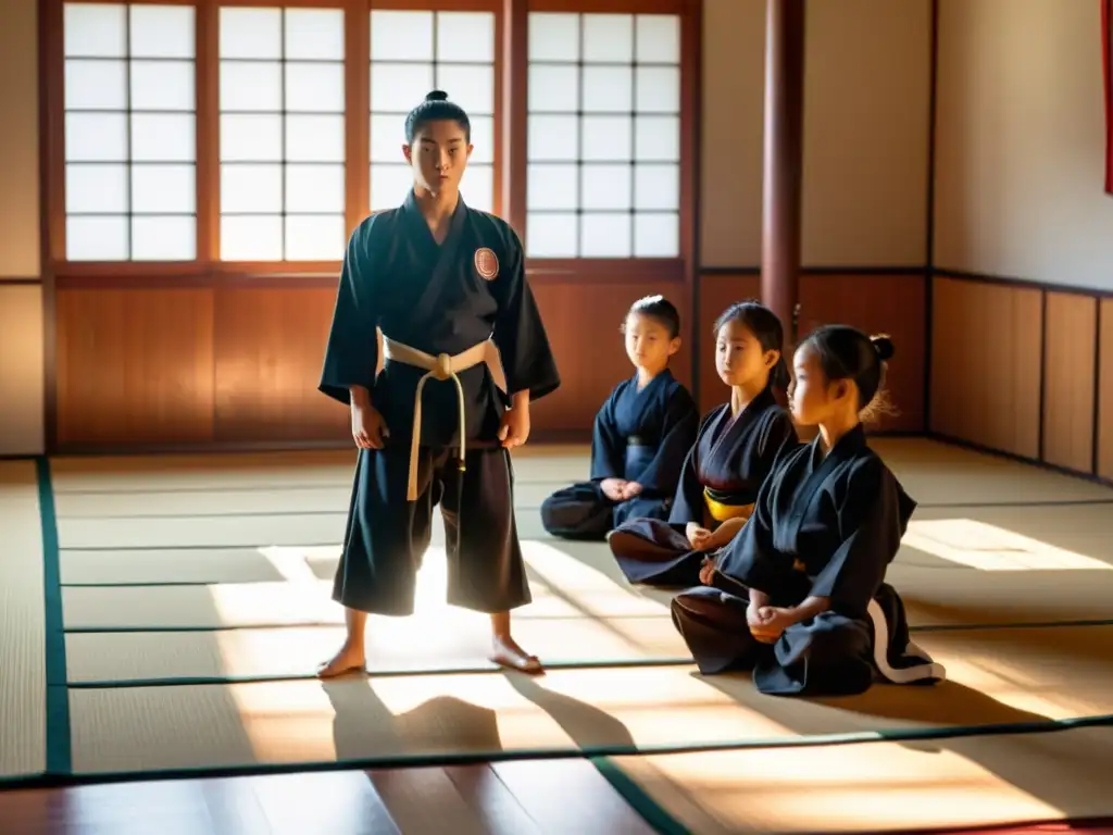 Maestro de artes marciales guía a jóvenes estudiantes en práctica disciplinada