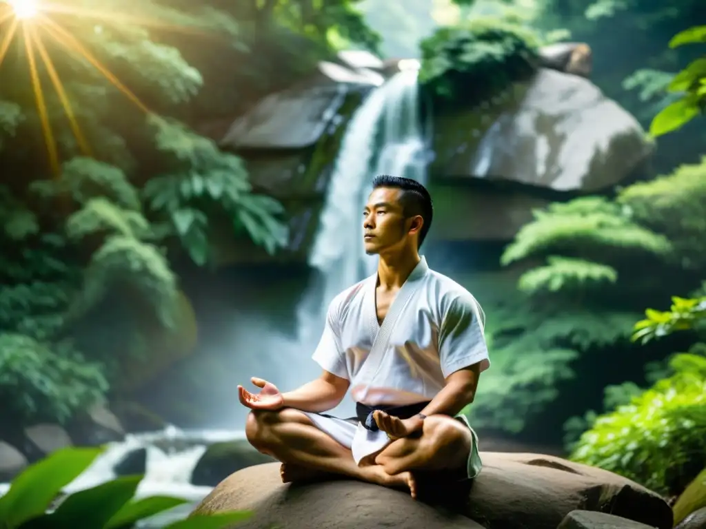 Maestro de artes marciales experimentado medita en la cima de una montaña, rodeado de naturaleza exuberante y una cascada tranquila