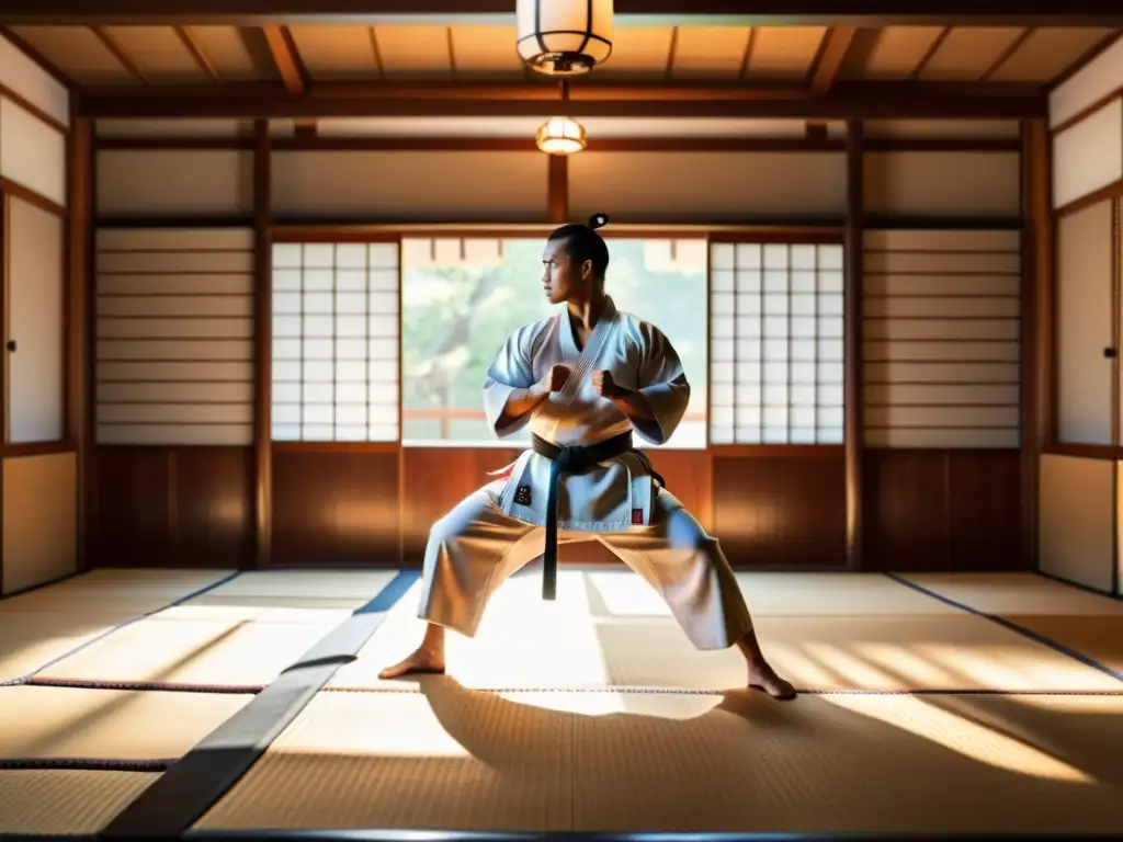 Un maestro de artes marciales experimentado ejecuta un preciso golpe en un dojo tradicional, en medio de una cálida luz solar