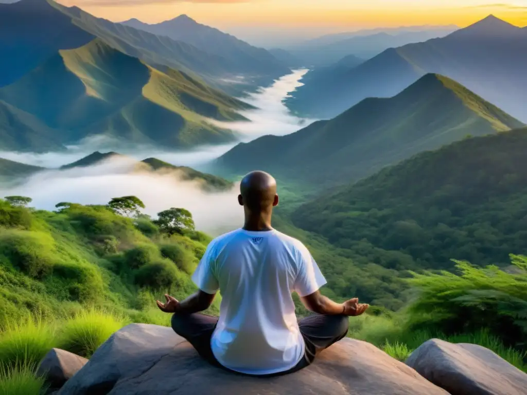 Un maestro de artes marciales experimentado practica respiración y meditación en la cima de una montaña, rodeado de naturaleza serena