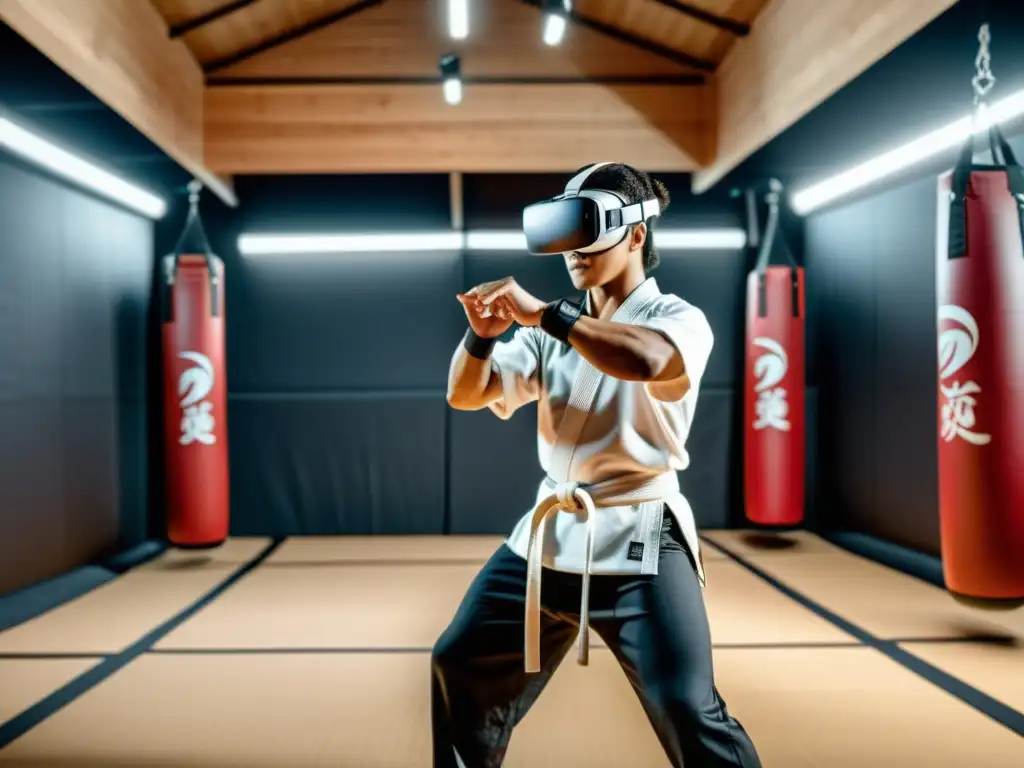 Un maestro de artes marciales experimentado usa un visor de realidad virtual para practicar movimientos precisos en un dojo virtual