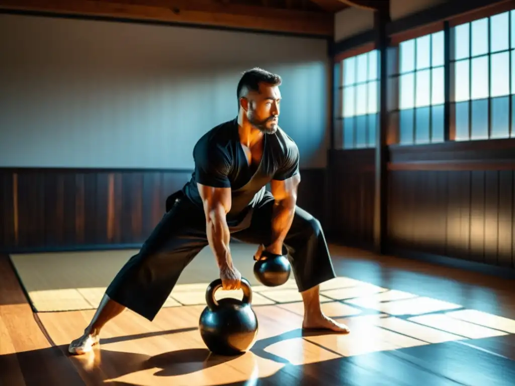 Un maestro de artes marciales experimentado realiza movimientos fluidos y poderosos con una pesa rusa en un dojo tradicional