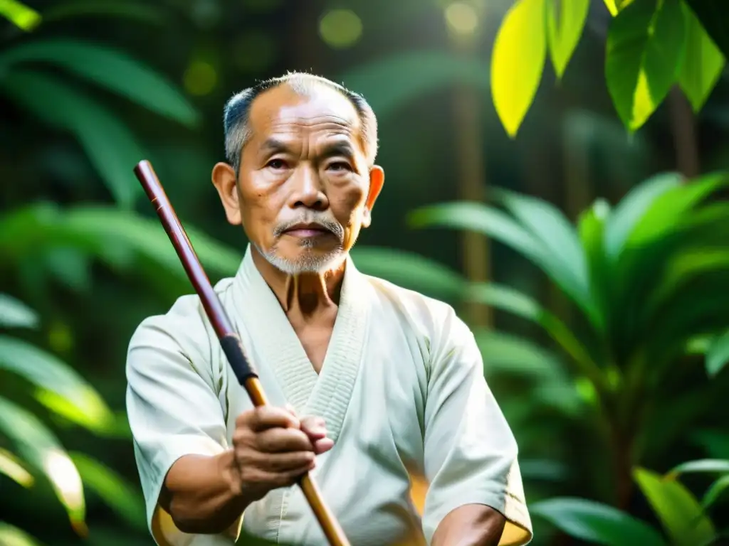 Maestro de artes marciales filipinas en la jungla, empuñando bastones con maestría