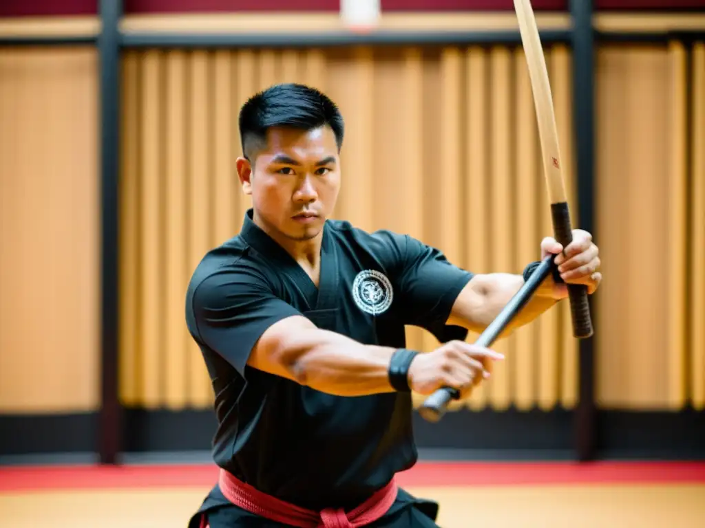 Maestro de artes marciales Filipinas demostrando técnicas precisas de Eskrima con palos de ratán en un espacio de entrenamiento tradicional