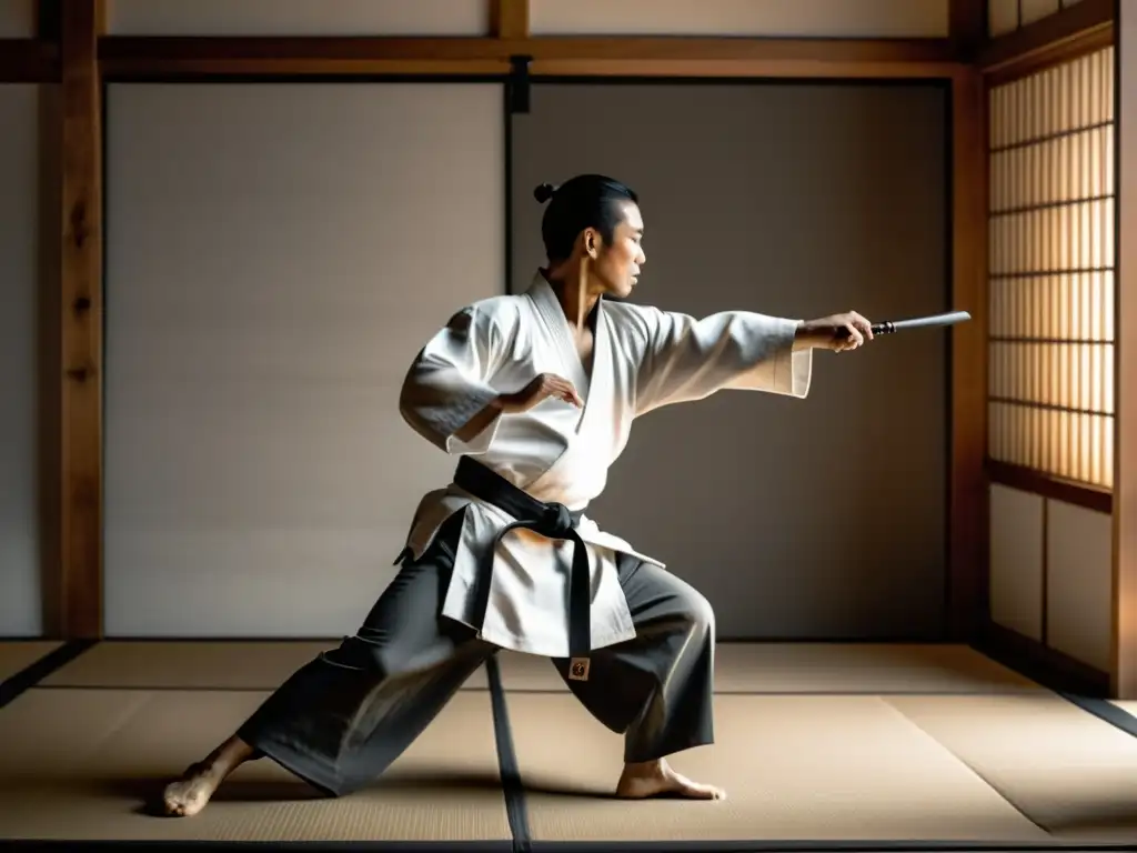 El maestro de artes marciales ejecuta una fluida técnica de Aikido en un dojo sereno