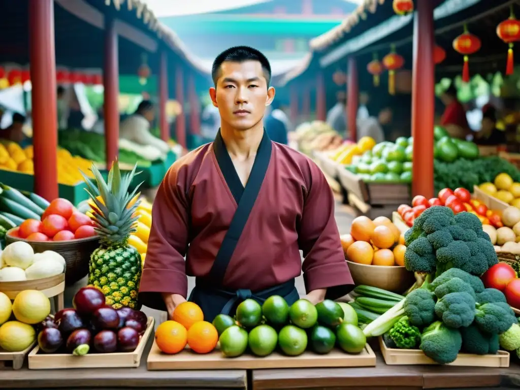 Un maestro de artes marciales elige frutas y verduras frescas en un mercado chino, evocando la armonía entre nutrición y artes marciales