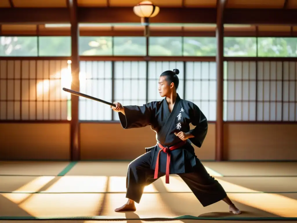 Un maestro de artes marciales muestra gracia y precisión en un dojo sereno, bañado por la cálida luz del sol