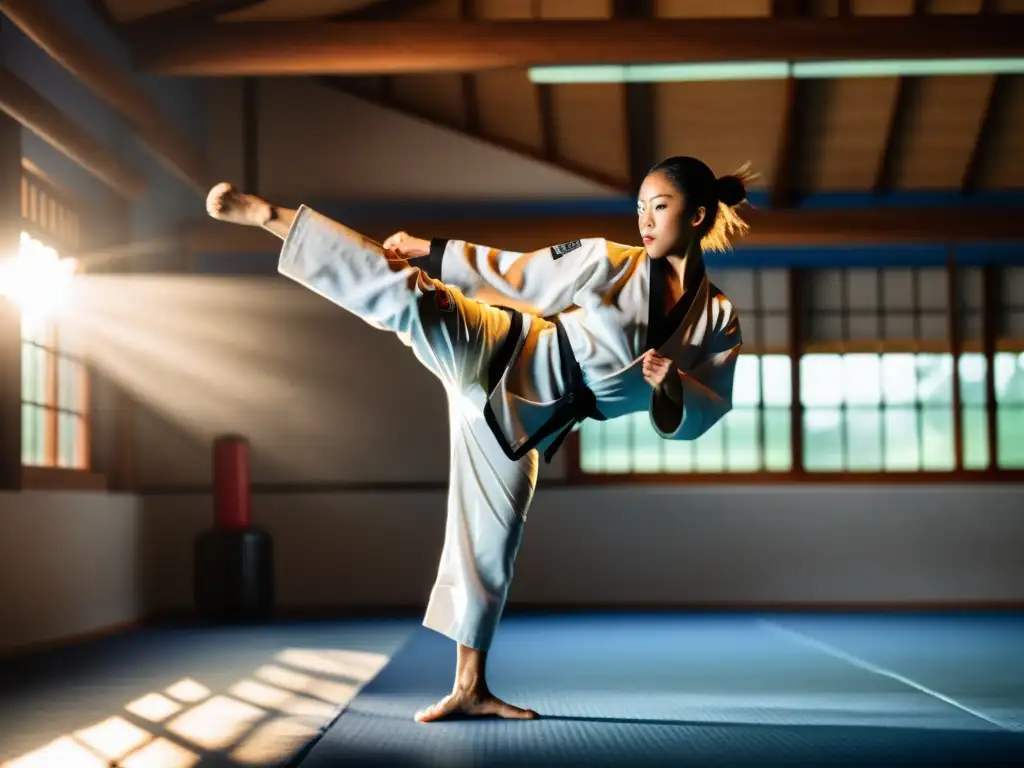 Un maestro de artes marciales ejecuta un impecable roundhouse kick en un dojo sereno